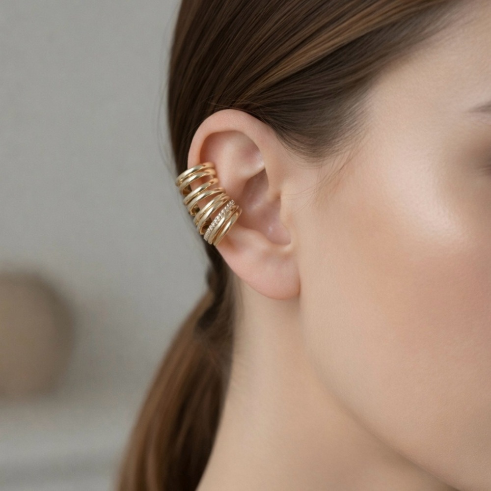 Multi-Layer Spiral Ear Cuff w/ Zircon Stones | 14K Gold Plated | Luxury Jewelry
